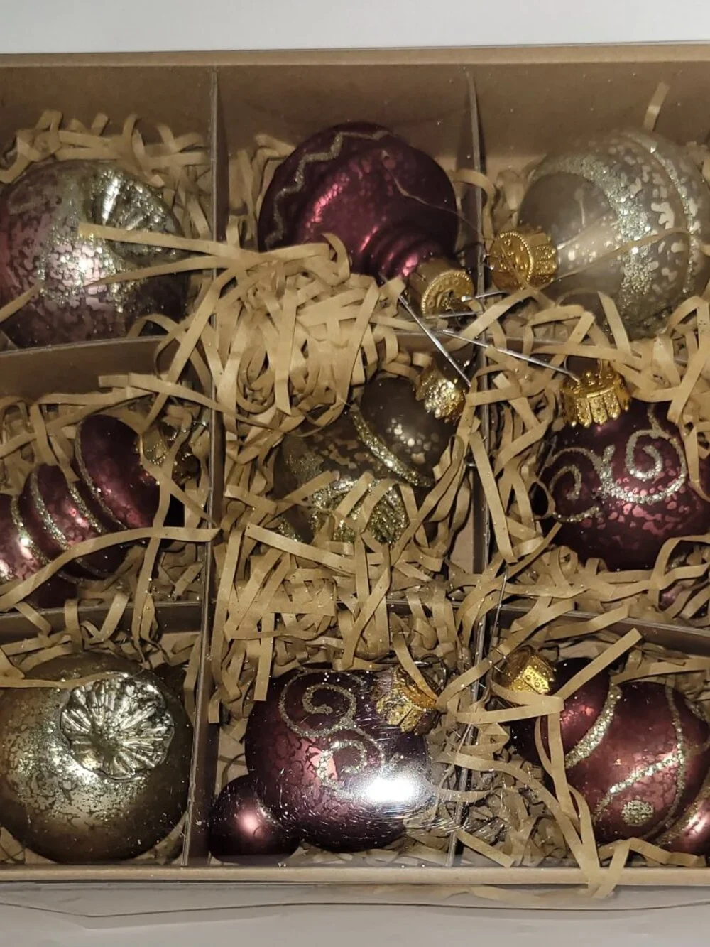 Glass Ornaments Burgundy & Gold w/glitter-Assorted, Sizes 2.5